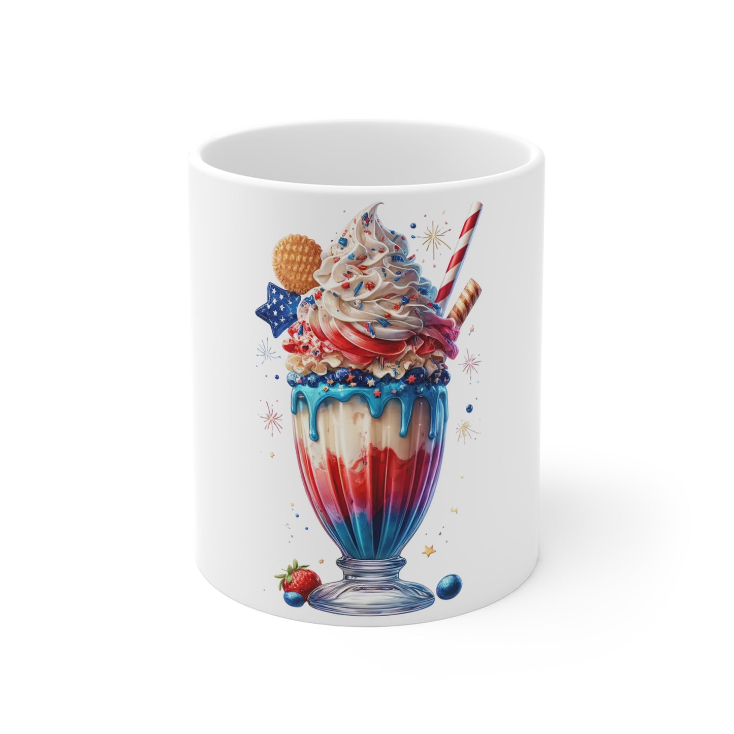 Patriotic Fireworks Milkshake Coffee Mug – Red White Blue Drip Dessert Mug – 4th of July Celebration Cup – Americana Ice Cream Mug – Festive Gift Mug Mug 11oz