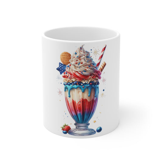 Patriotic Fireworks Milkshake Coffee Mug – Red White Blue Drip Dessert Mug – 4th of July Celebration Cup – Americana Ice Cream Mug – Festive Gift Mug Mug 11oz