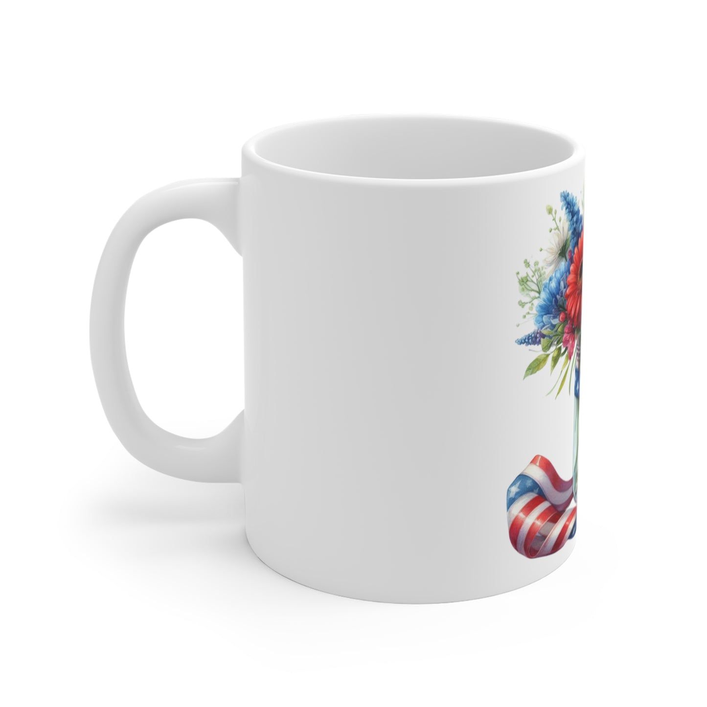 Patriotic Ribbon Floral Mason Jar Coffee Mug – Red White Blue Bouquet Mug – Americana Flag & Bow Cup – 4th of July Gift Mug Patriotic Floral Mason Jar Mug – American Flag Bouquet 11oz