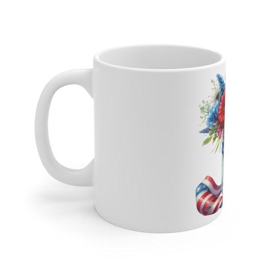 Patriotic Ribbon Floral Mason Jar Coffee Mug – Red White Blue Bouquet Mug – Americana Flag & Bow Cup – 4th of July Gift Mug Patriotic Floral Mason Jar Mug – American Flag Bouquet 11oz