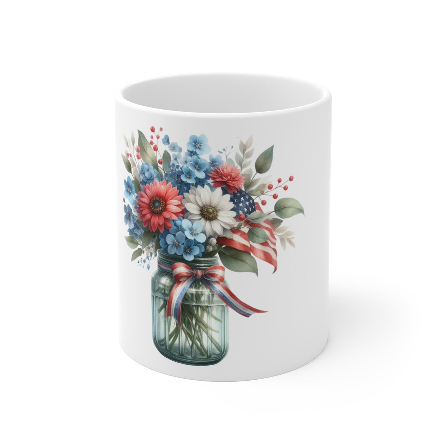 Patriotic Ribbon Floral Mason Jar Coffee Mug – Red White Blue Wildflower Mug – Americana Bouquet Cup – Rustic Farmhouse Gift Mug Patriotic Mason Jar Floral Mug — 11oz Red, White & Blue Bouquet Coffee...