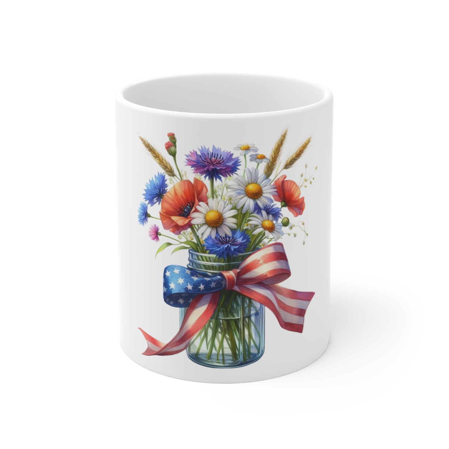Patriotic Daisy Wildflower Mason Jar Coffee Mug – Red White Blue Floral Ribbon Mug – Americana Garden Bouquet Cup – Rustic Gift Mug Patriotic Wildflower Mug — 11oz Floral Mason Jar with American Flag...