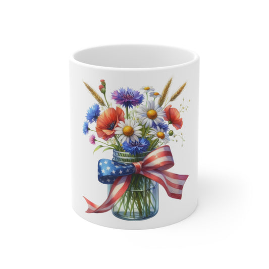 Patriotic Daisy Wildflower Mason Jar Coffee Mug – Red White Blue Floral Ribbon Mug – Americana Garden Bouquet Cup – Rustic Gift Mug Patriotic Wildflower Mug — 11oz Floral Mason Jar with American Flag...
