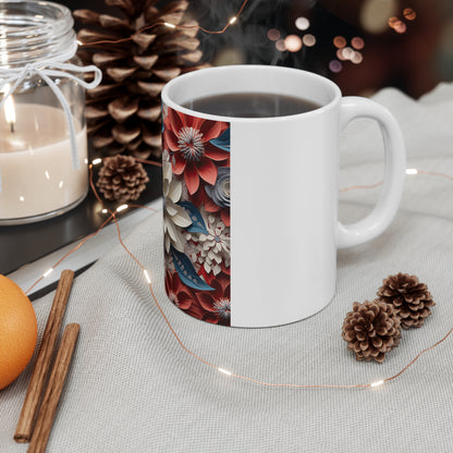 Patriotic 3D Floral Coffee Mug – Red White Blue Layered Blossom Mug – Sculpted Botanical Art Cup – Premium Americana Flower Mug Floral Paper Dahlia 11oz Ceramic Mug – Red, Blue & Cream Garden Pattern...