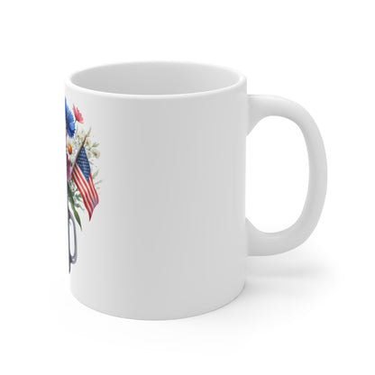 Patriotic Peony Mason Jar Coffee Mug – Red White Blue Floral Mug with American Flag – Rustic Americana Flower Cup – 4th of July Gift Patriotic Mason Jar Bouquet Mug — 11oz Floral Coffee Cup with...