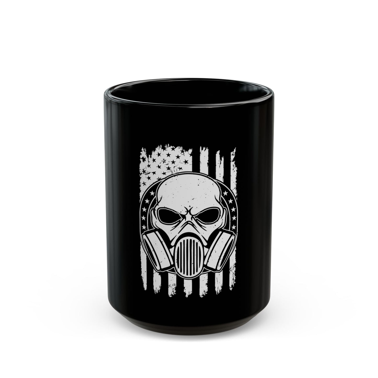 Gas Mask Skull Flag Mug – Tactical Skull Coffee Cup – Black & White American Flag Survival Design Black Mug (11oz, 15oz)