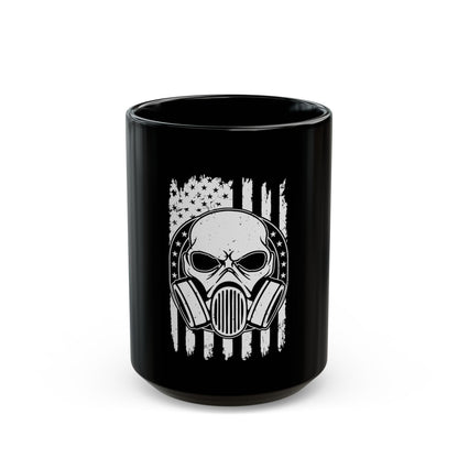 Gas Mask Skull Flag Mug – Tactical Skull Coffee Cup – Black & White American Flag Survival Design Black Mug (11oz, 15oz)