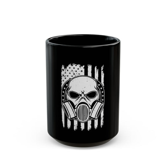 Gas Mask Skull Flag Mug – Tactical Skull Coffee Cup – Black & White American Flag Survival Design Black Mug (11oz, 15oz)