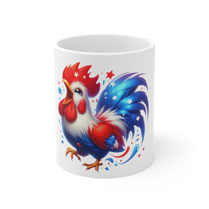 Patriotic Rooster Coffee Mug – Red White Blue Chicken Mug – Americana Farm Animal Cup – Bold USA Pride Gift Mug 11oz