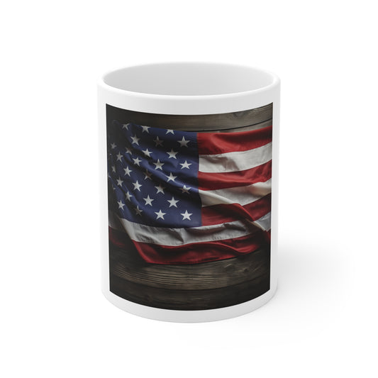 Waving American Flag Coffee Mug – Rustic Wood Background USA Mug – Realistic Patriotic Flag Mug – Vintage Americana Coffee Cup American Flag Coffee Mug - Patriotic 11oz Ceramic Cup