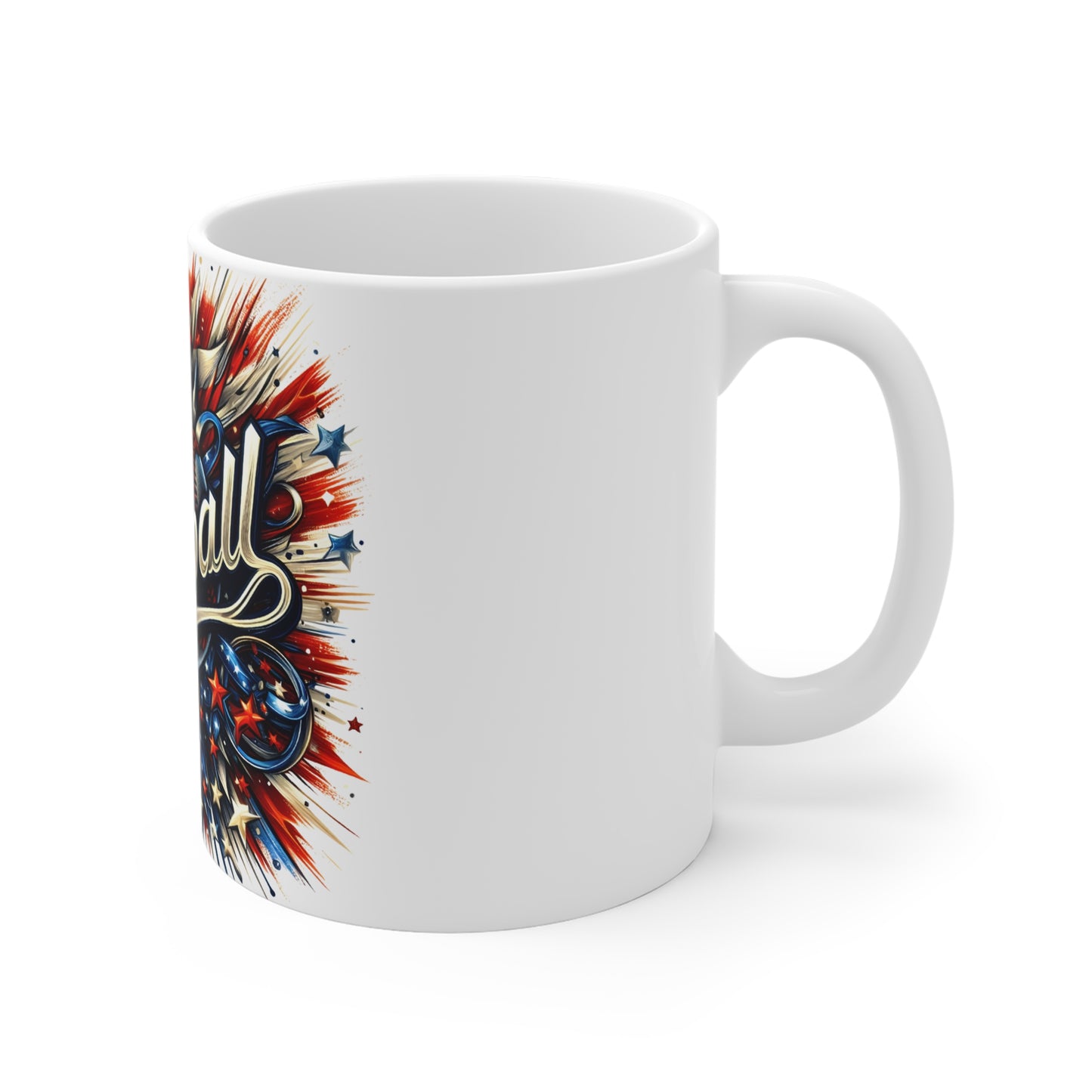 Vintage Patriotic Baseball Coffee Mug – USA Baseball Script Mug – American Flag Baseball Art Cup – 4th of July Sports Gift 11oz