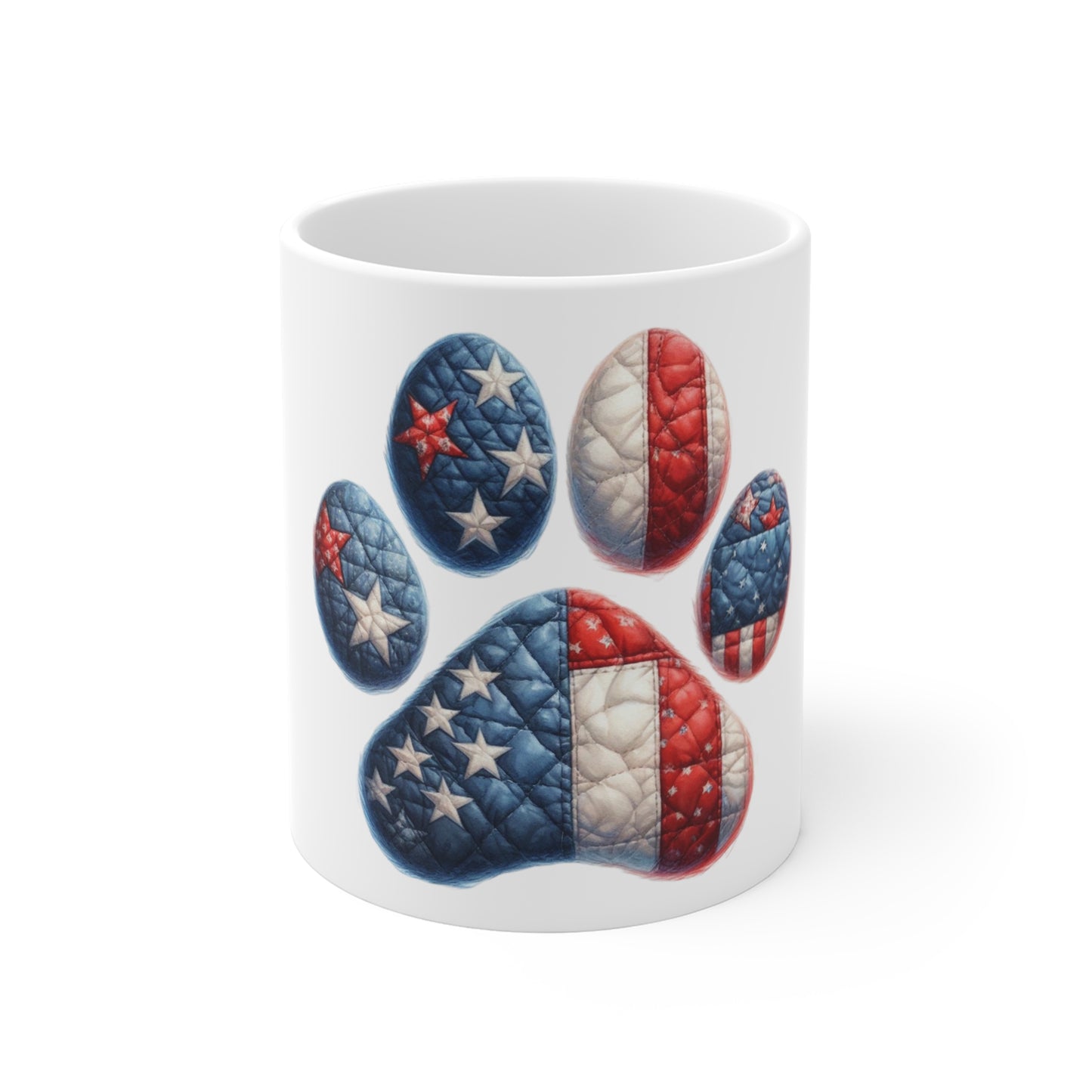 Patriotic Vintage Dog Paw Coffee Mug – American Flag Quilted Paw Print Mug – Red White Blue Dog Lover Mug – USA Pet Gift Cup American Flag Paw Print Mug - 11oz Patriotic Pet Lover Coffee Cup