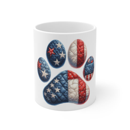 Patriotic Vintage Dog Paw Coffee Mug – American Flag Quilted Paw Print Mug – Red White Blue Dog Lover Mug – USA Pet Gift Cup American Flag Paw Print Mug - 11oz Patriotic Pet Lover Coffee Cup