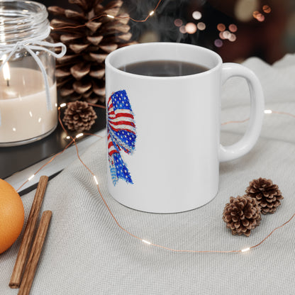 Patriotic Bow Coffee Mug – 11oz American Flag Ribbon Design