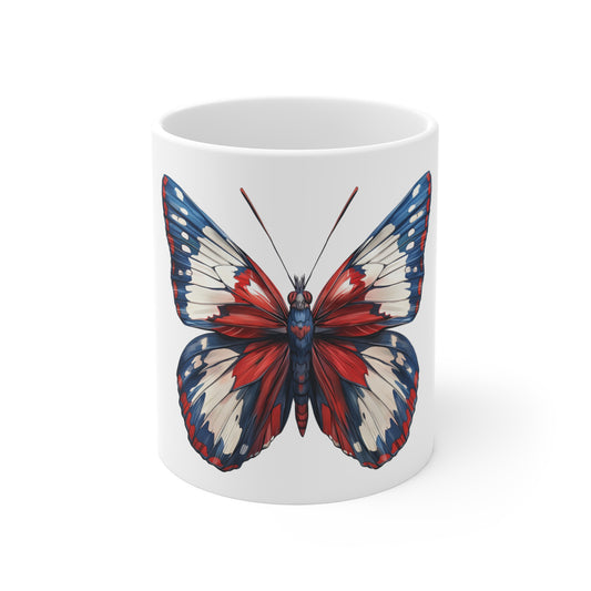 Patriotic Bold Wing Butterfly Mug – Red White Blue High-Contrast Butterfly Coffee Mug – Americana Statement Art Cup – USA Gift Mug Mug 11oz