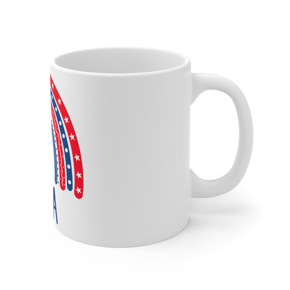 USA Gnome Coffee Mug – Whimsical Patriotic Rainbow Gnome Design – Cute Red White Blue Mug – 4th of July Gift Mug 11oz