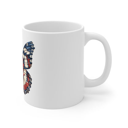 Patriotic Pattern Butterfly Mug – Red White Blue Detailed Butterfly Coffee Mug – Americana Wing Pattern Art Cup – Unique USA Gift Mug Mug 11oz