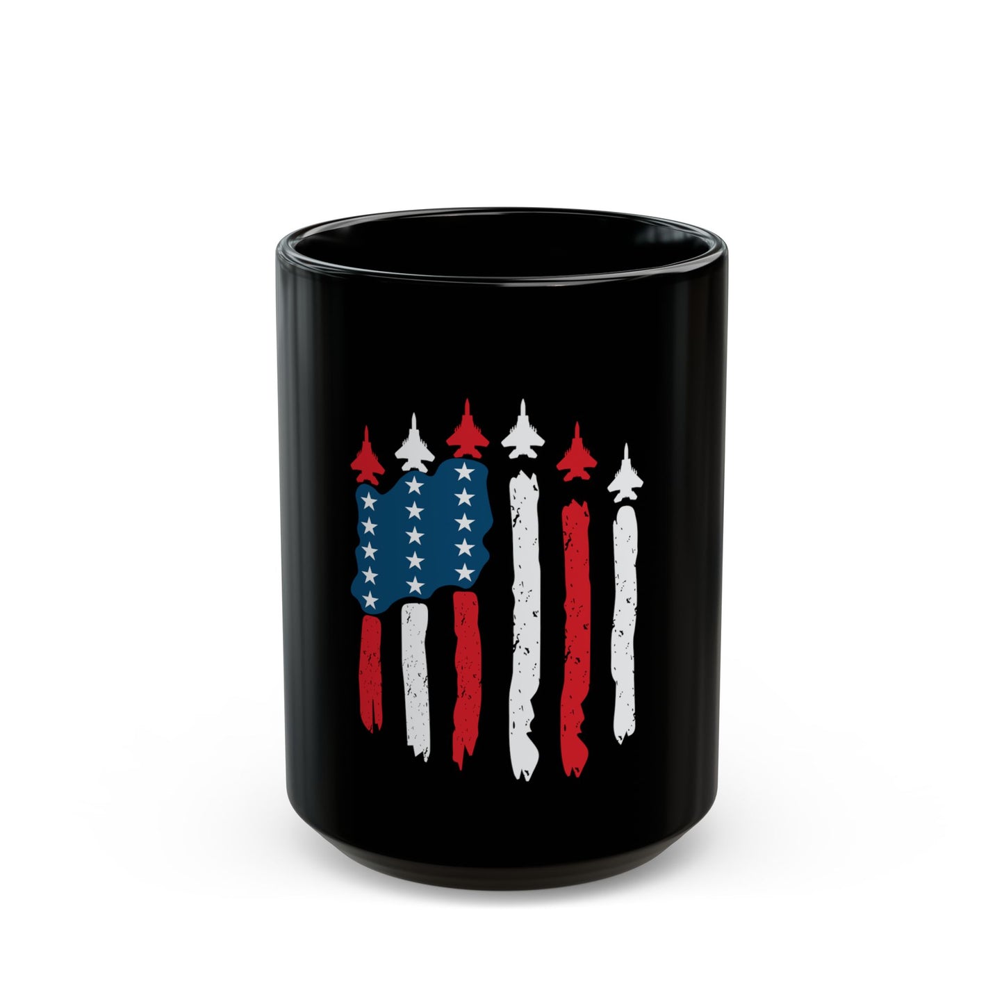 Patriotic Fighter Jet Flag Mug – USA Air Force Inspired Coffee Mug – Red White Blue Jet Formation Cup – Military Aviation Gift Black Mug (11oz, 15oz)
