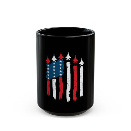 Patriotic Fighter Jet Flag Mug – USA Air Force Inspired Coffee Mug – Red White Blue Jet Formation Cup – Military Aviation Gift Black Mug (11oz, 15oz)