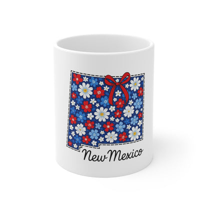New Mexico Floral State Mug - Red, White & Blue Daisy Coffee Cup (11 oz)