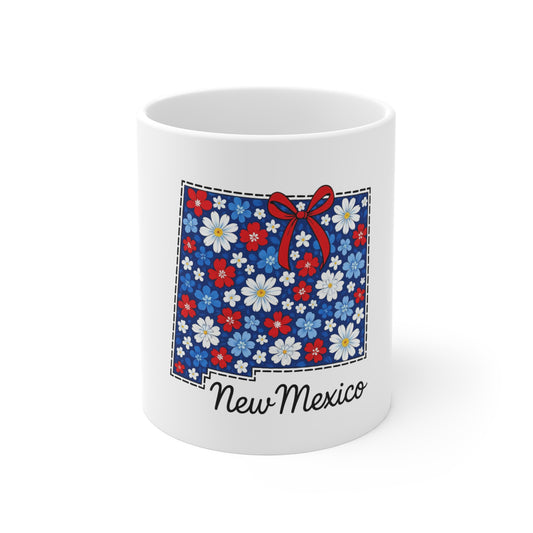 New Mexico Floral State Mug - Red, White & Blue Daisy Coffee Cup (11 oz)