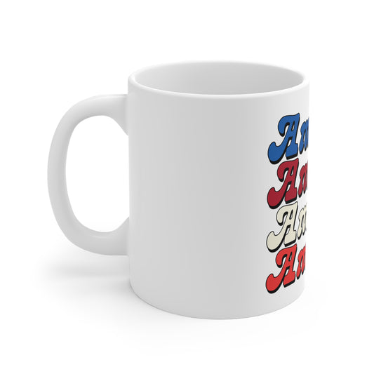 America Repeating Typography Coffee Mug – Retro Patriotic USA Mug – Bold Americana Text Design Cup – 4th of July Statement Mug Mug 11oz