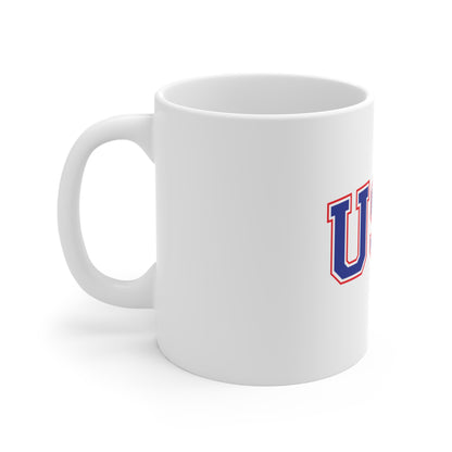 USA Varsity Red White Blue Mug – Classic Americana Letter Coffee Mug – Bold Patriotic USA Cup – Collegiate Style USA Mug 11oz