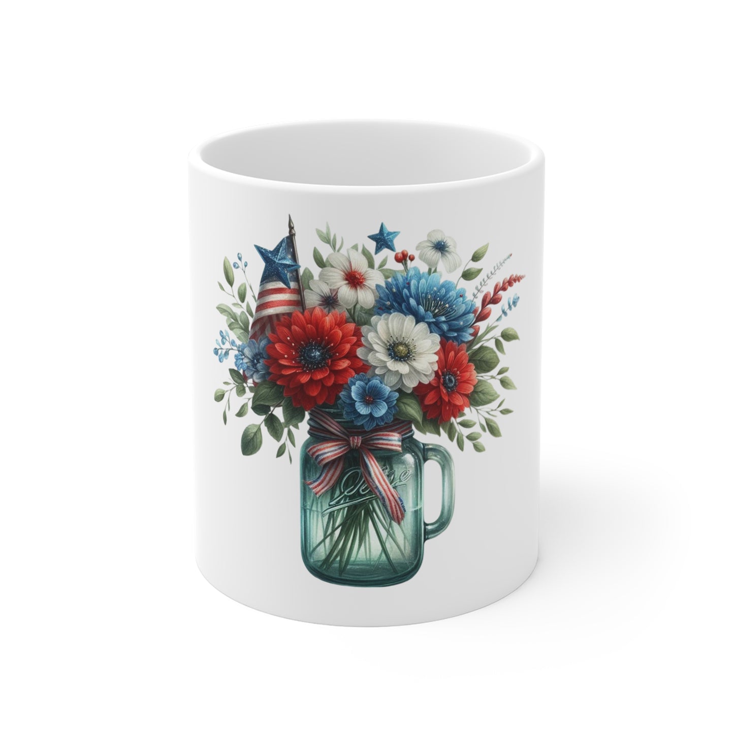 Patriotic Daisy Mason Jar Coffee Mug – Red White Blue Floral Mug – Americana Wildflower Bouquet Cup – 4th of July Gift Mug Patriotic Mason Jar Bouquet Mug – 11oz Red White Blue Floral Coffee Cup...