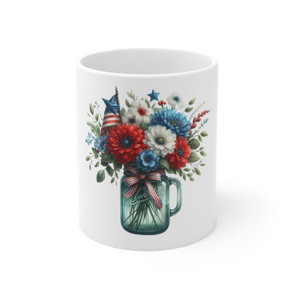 Patriotic Daisy Mason Jar Coffee Mug – Red White Blue Floral Mug – Americana Wildflower Bouquet Cup – 4th of July Gift Mug Patriotic Mason Jar Bouquet Mug – 11oz Red White Blue Floral Coffee Cup...