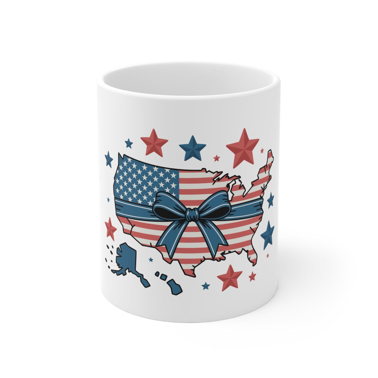 Patriotic USA Map Mug — Red, White & Blue Stars Coffee Cup (11 oz)