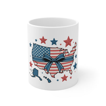 Patriotic USA Map Mug — Red, White & Blue Stars Coffee Cup (11 oz)