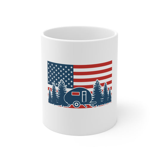 American Camper Mug — RV Trailer & Flag Coffee Cup (11oz)
