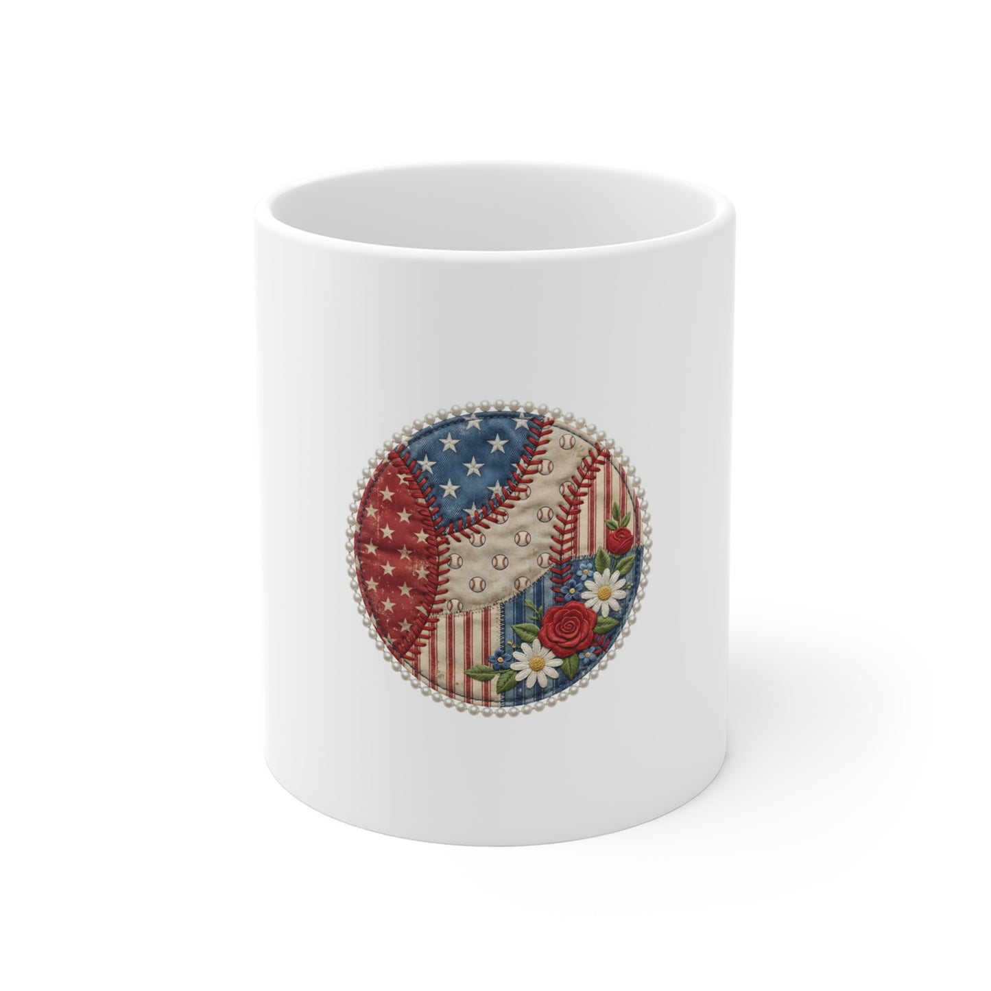 Patriotic Patchwork Mug — Americana Baseball & Floral 11oz Coffee Cup