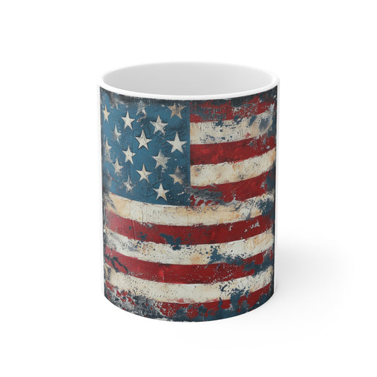 American Flag Distressed Ceramic Mug — 11oz Patriotic Coffee Cup