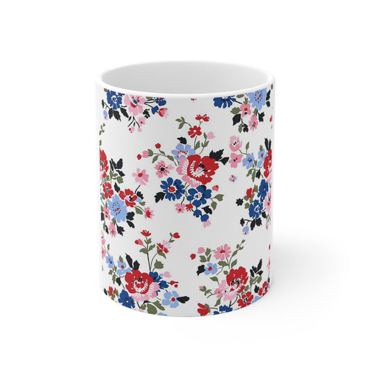 Bold Vintage Patriotic Floral Coffee Mug – Red White Blue Garden Bouquet Mug – Americana Floral Pattern Cup – Shabby Chic Statement Mug Floral Vintage Rose 11oz Coffee Mug