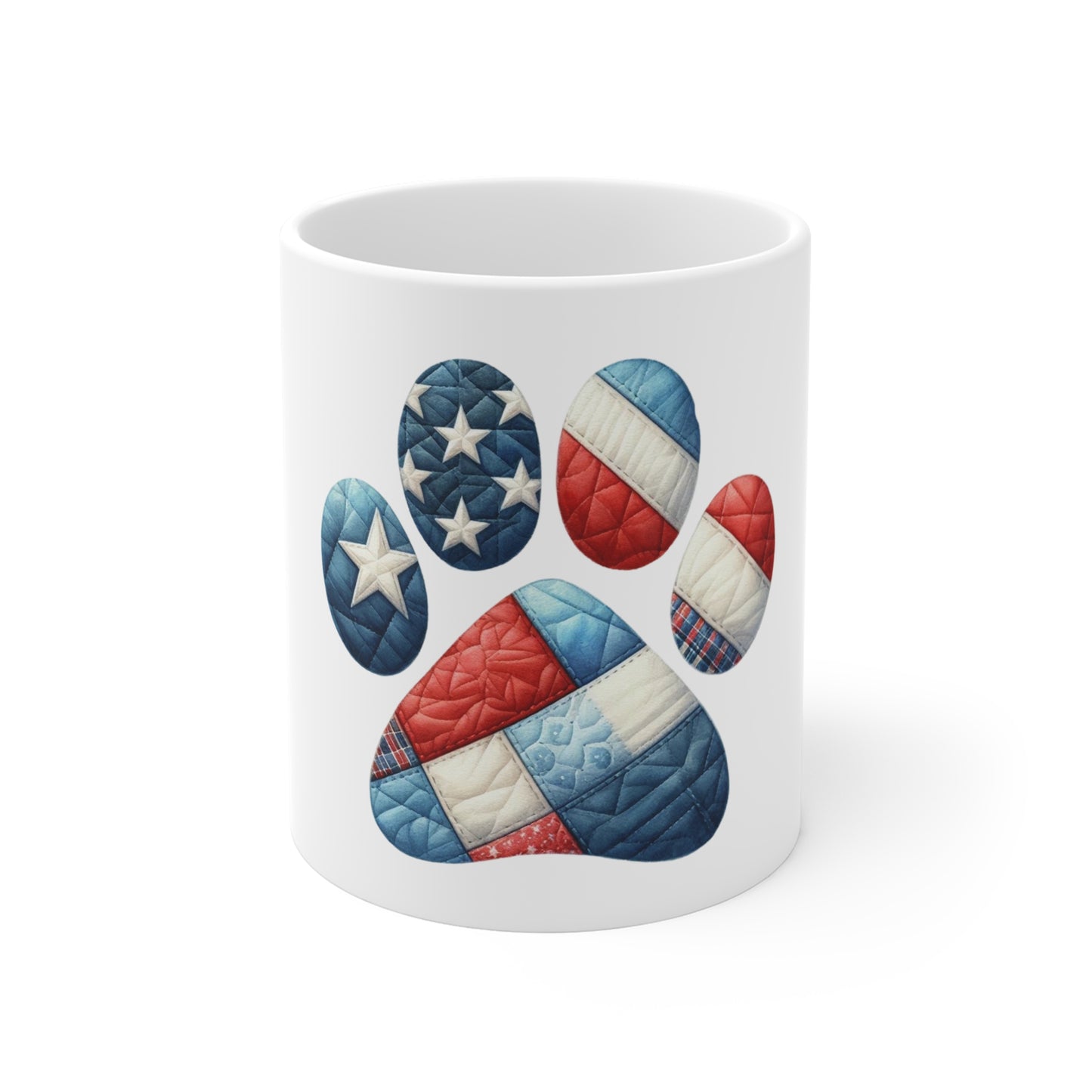 Patriotic Quilted Dog Paw Coffee Mug – Classic Americana Patchwork Paw Print Mug – Red White Blue Dog Lover Mug – USA Pet Gift Cup Patriotic Paw Print Mug — American Flag Dog Lover Coffee Cup (11oz...