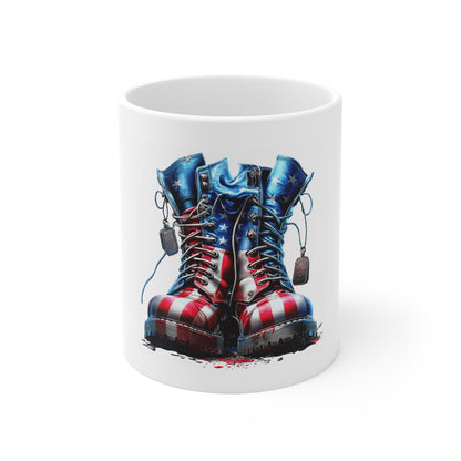 Patriotic Combat Boots Coffee Mug – American Flag Military Boots with Dog Tags – USA Freedom Tribute Mug – Bold Veteran Gift Mug 11oz