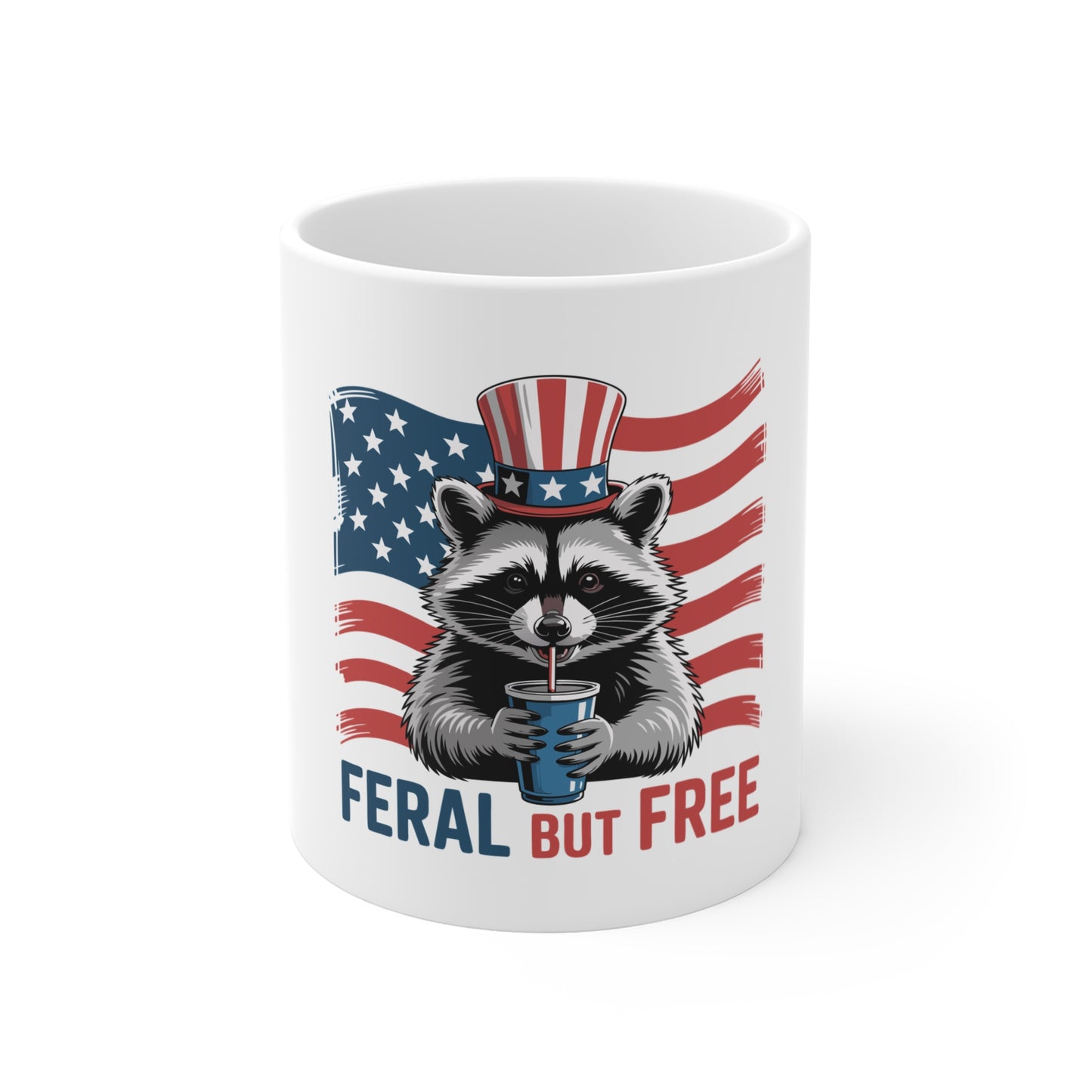 Patriotic 'Feral But Free' Raccoon Mug — 11oz