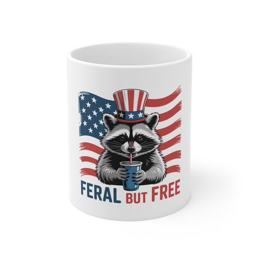 Patriotic 'Feral But Free' Raccoon Mug — 11oz