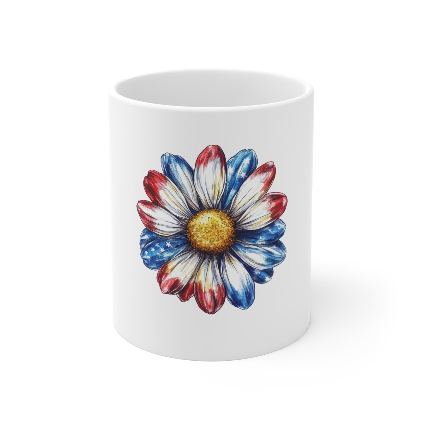 Patriotic Daisy 11oz Coffee Mug – Red White & Blue Floral Drinkware