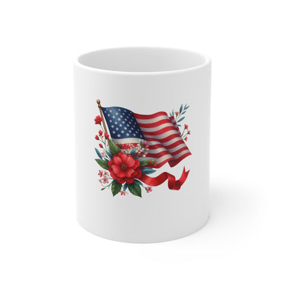 American Flag Floral Mug — Patriotic 11oz Coffee Cup (Stars & Stripes with Red Roses)