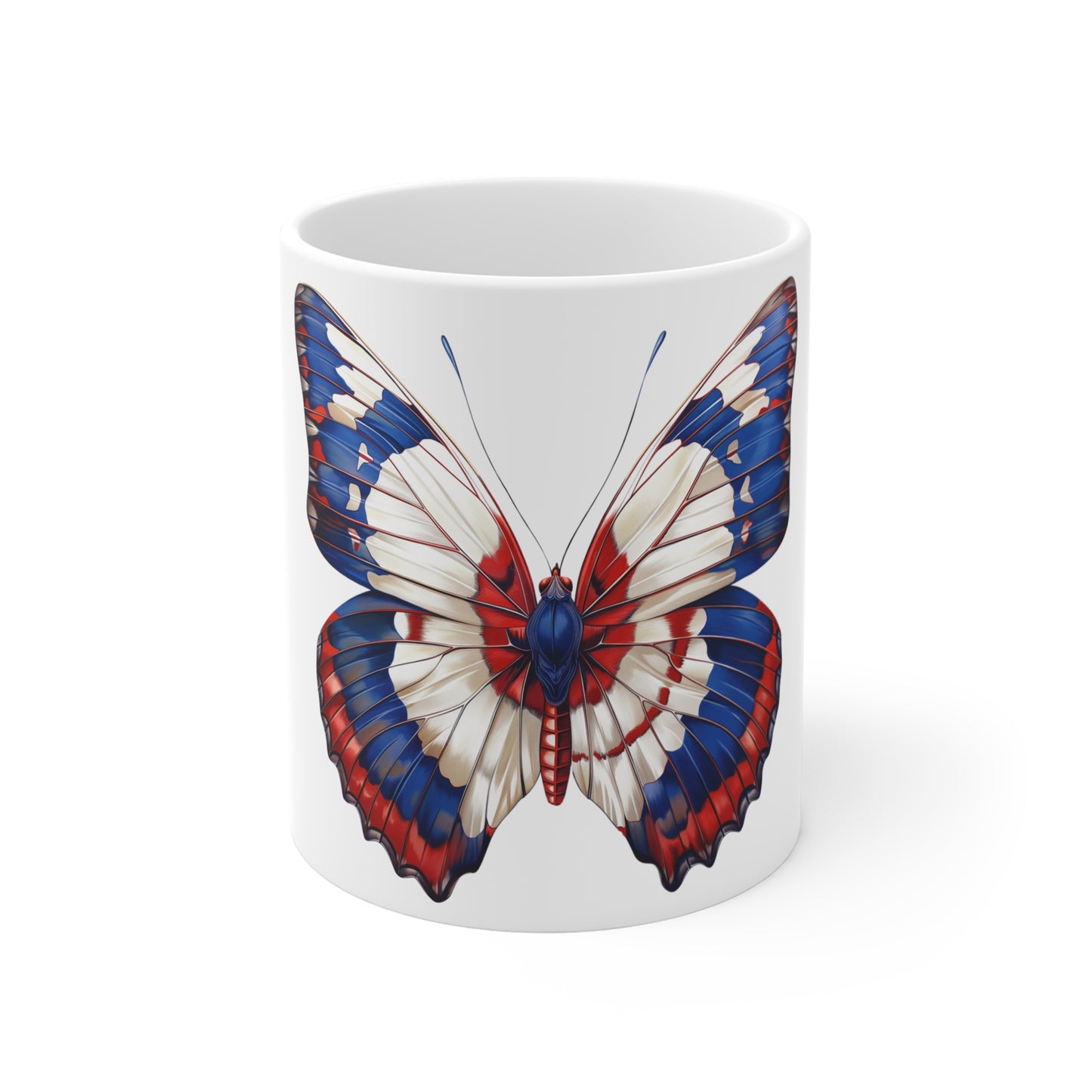 Patriotic Red White Blue Butterfly Mug – Bold Americana Butterfly Coffee Mug – Vibrant USA Art Cup – Modern Patriotic Gift Mug Mug 11oz