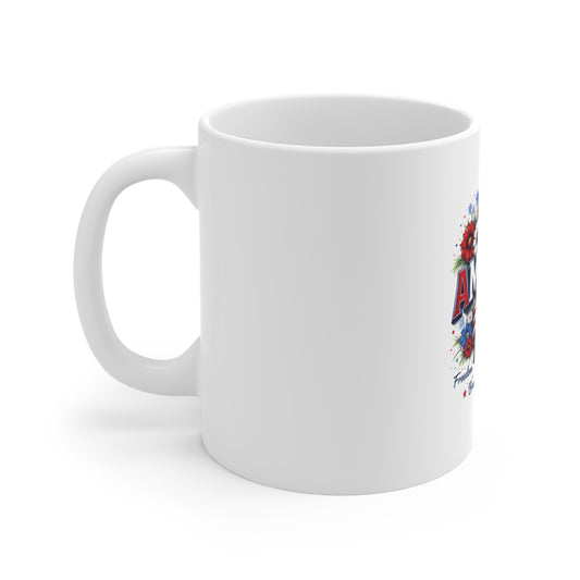 America Patriotic 11oz Mug – Red White Blue Flag Bow Coffee Cup (Fourth of July)