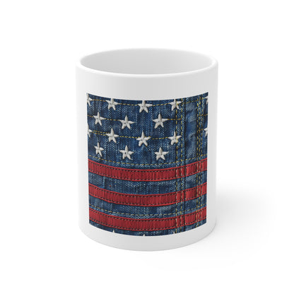 American Flag Denim Coffee Mug – Patriotic Jeans Stitch Mug – USA Flag Cup – Rustic Americana Gift – Country Style Mug 11oz Ceramic