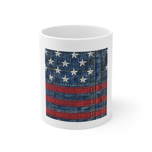 American Flag Denim Coffee Mug – Patriotic Jeans Stitch Mug – USA Flag Cup – Rustic Americana Gift – Country Style Mug 11oz Ceramic