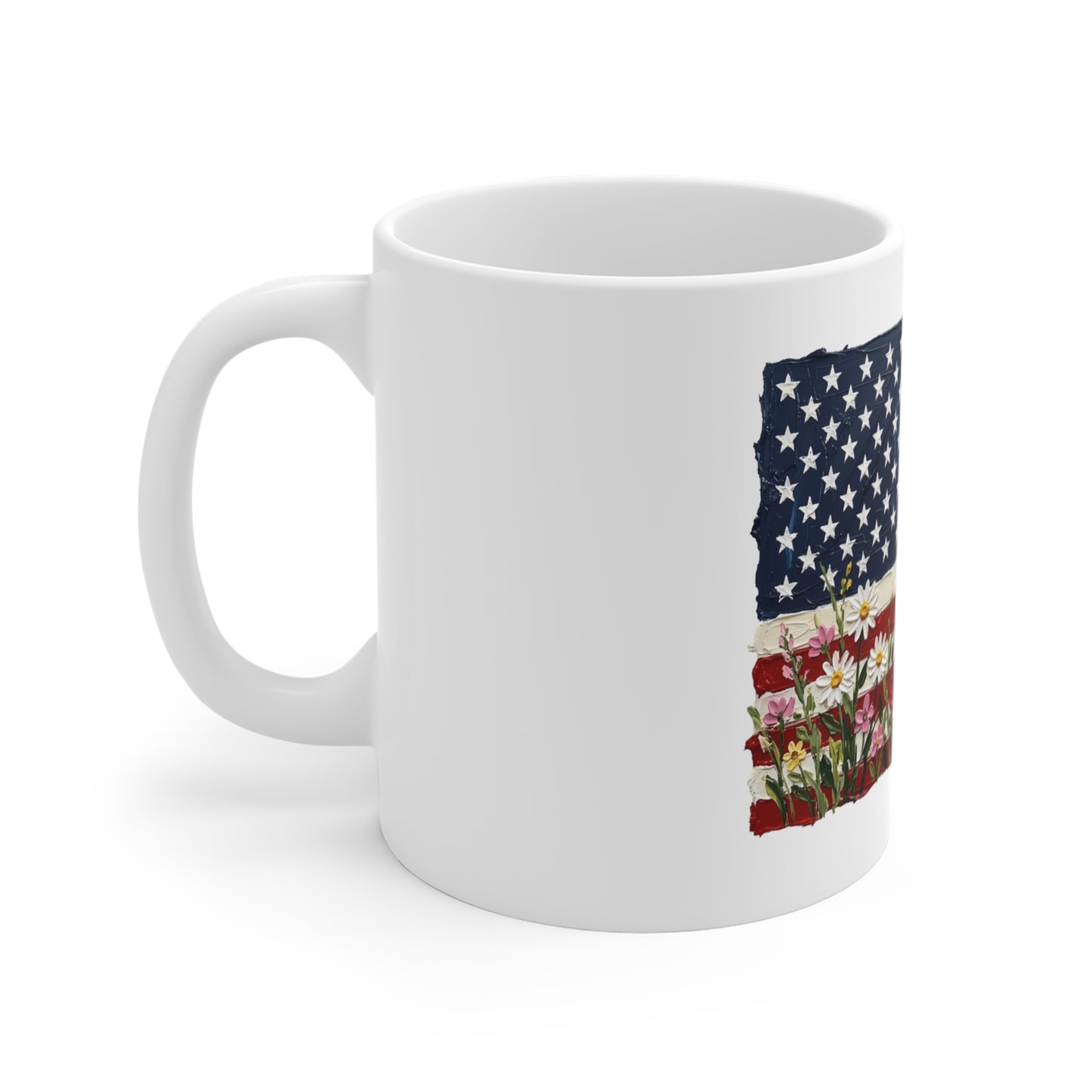 Patriotic Floral Flag Mug — American Flag with Wildflowers 11oz