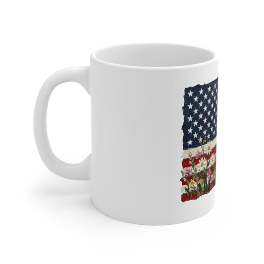 Patriotic Floral Flag Mug — American Flag with Wildflowers 11oz