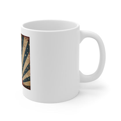 Vintage Americana Rising Sun Coffee Mug – Distressed Patriotic Starburst Mug – Retro USA Heritage Cup – Classic American Poster Style Gift Vintage American Flag Sunrise Mug — Patriotic Retro Stars &...