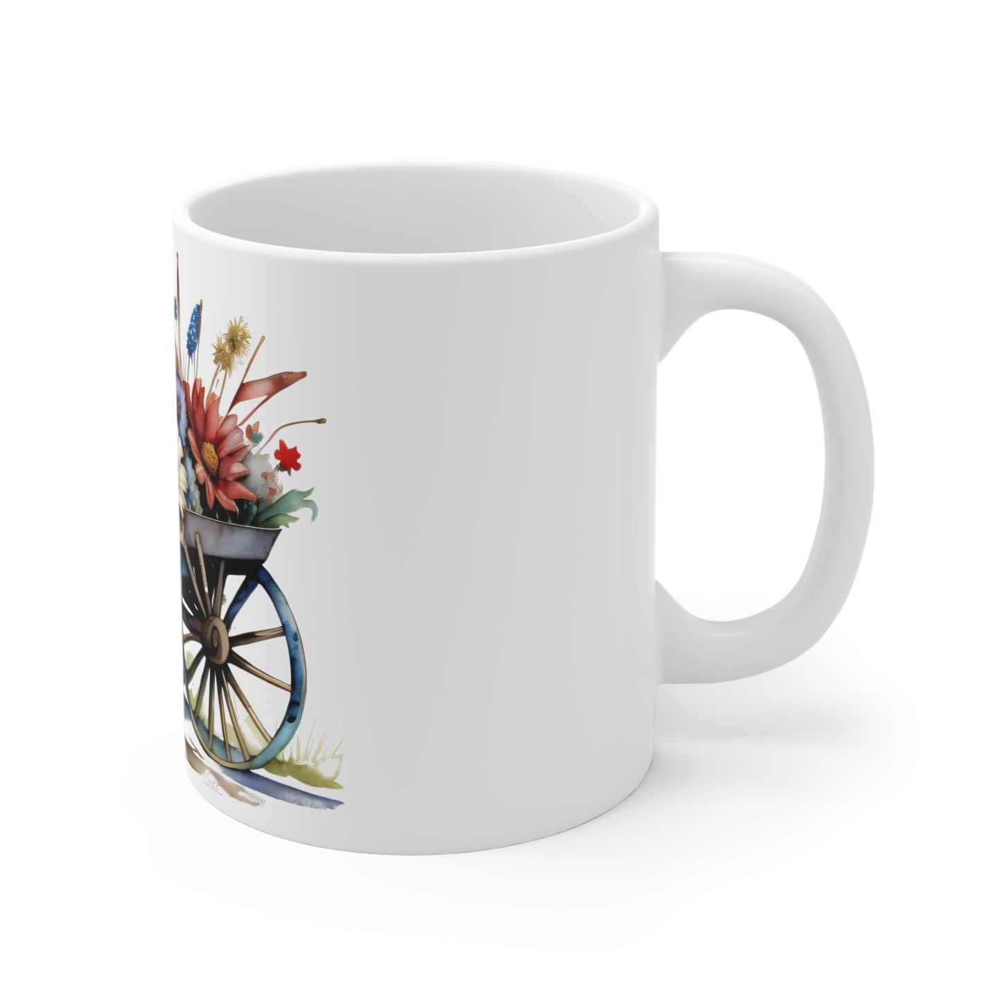 Patriotic Wagon Floral Mug – Americana Watercolor Garden Coffee Cup – Rustic Farmhouse USA Flag Mug 11oz