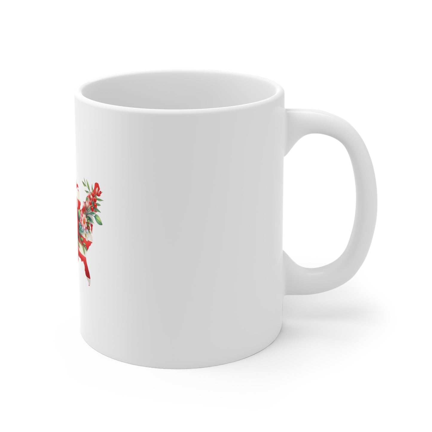 Patriotic USA Floral Map 11oz Mug – American Flag with Red Bow & Flowers, 4th of July Coffee Cup